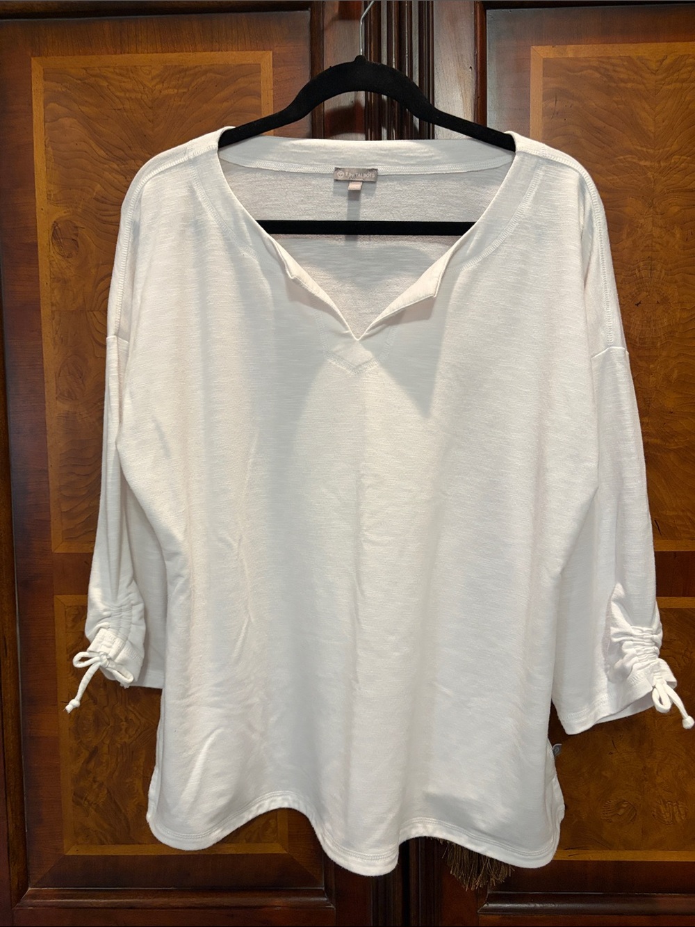Talbots White V-Notch Pullover Top with Tie Sleeve Detail